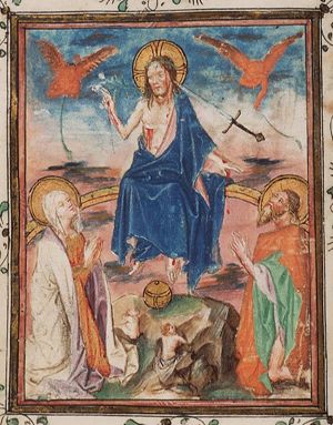 The Last Judgement: Christ on a rainbow raises the dead in the presence of Mary and St. John the Baptist