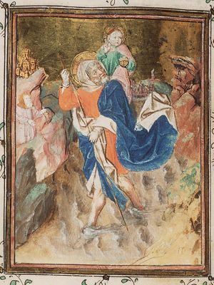 St. Christopher carries the Christ-child, a hermit guiding him with a lamp