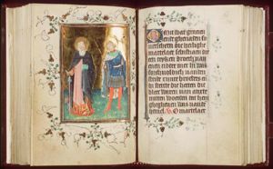 St. Antony Abbot of Egypt standing on flames, holding a bell, a staff and a book, with a pig; St. Sebastian holding a bow and arrows