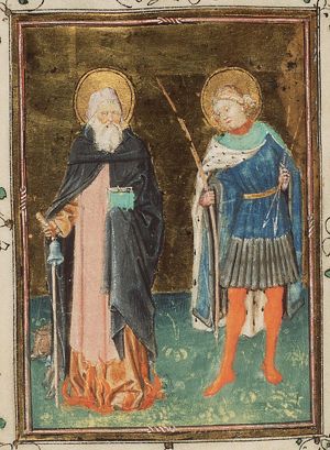 St. Antony Abbot of Egypt standing on flames, holding a bell, a staff and a book, with a pig; St. Sebastian holding a bow and arrows