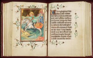 St. George on horseback fighting the dragon, stabbing it with his lance; the princess nearby, praying