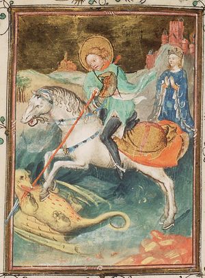 St. George on horseback fighting the dragon, stabbing it with his lance; the princess nearby, praying