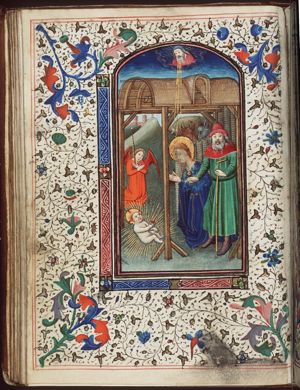 The Nativity: the adoration of the Christ-child by Mary and angel holding a candle; St. Joseph pointing to the Christ-child, who is holding an apple (original sin and redemption)