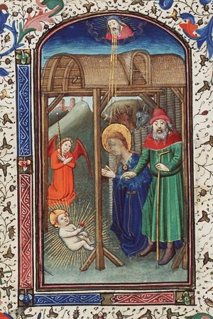 The Nativity: the adoration of the Christ-child by Mary and angel holding a candle; St. Joseph pointing to the Christ-child, who is holding an apple (original sin and redemption)