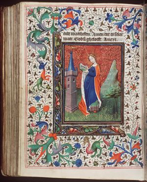 St. Barbara reading a book, a tower beside her