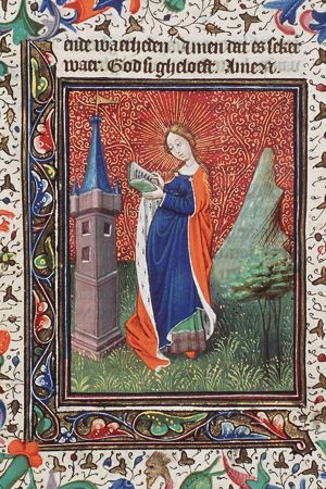 St. Barbara reading a book, a tower beside her