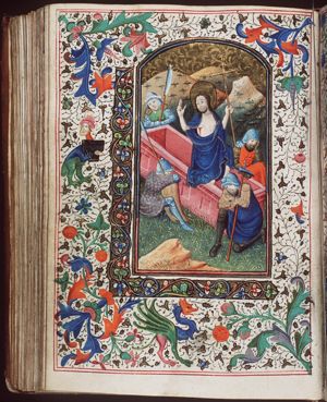 The Resurrection: Christ stands in the tomb, with sleeping soldiers
