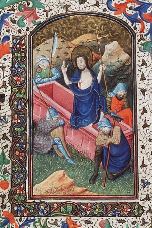 The Resurrection: Christ stands in the tomb, with sleeping soldiers