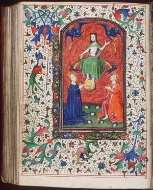 The Last Judgement: Christ on a rainbow raises the dead in the presence of Mary and St. John the Baptist