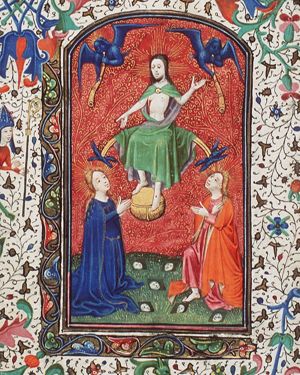 The Last Judgement: Christ on a rainbow raises the dead in the presence of Mary and St. John the Baptist