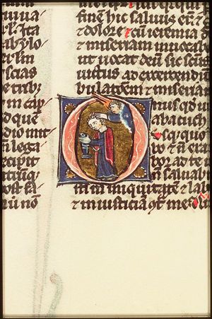 Habakkuk, carried by an angel, brings food to Daniel in the lion's den