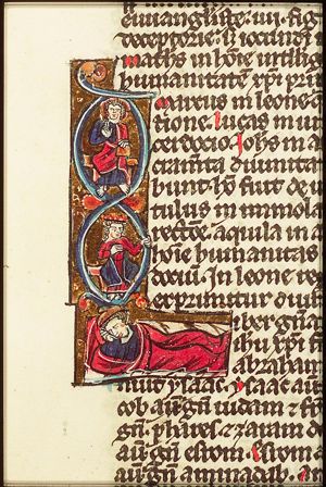 The Tree of Jesse: genealogical tree sprouting from Jesse's loins (Jesse, King David, and Christ only)