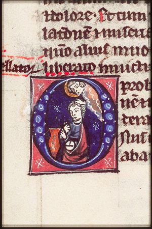Habakkuk, carried by an angel, brings food to Daniel in a lion's den