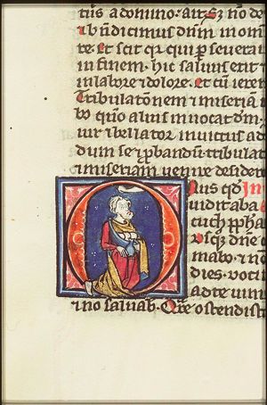 The prophet Habakkuk is carried by his hair by an angel, of which only the arm is visible