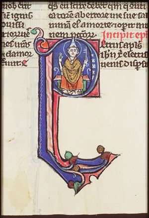 St. Peter, enthroned, wearing a tiara(?), and holding a key