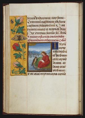 The Evangelist St. John writing on the isle of Patmos, with his symbol the eagle with ink-well and pen-case