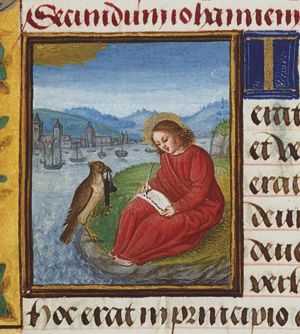 The Evangelist St. John writing on the isle of Patmos, with his symbol the eagle with ink-well and pen-case