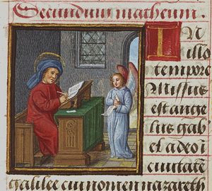 The Evangelist St. Matthew writing, with his symbol the angel