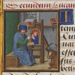 The Evangelist St. Luke with his symbol the ox, painting the portrait of Mary and the Christ-child