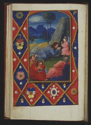 The Agony in the Garden: Christ prays in Gethsemane, to comfort him an angel appears with a chalice; three apostles sleeping; Judas accompanied by soldiers with torches and lantern