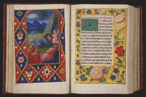 The Agony in the Garden: Christ prays in Gethsemane, to comfort him an angel appears with a chalice; three apostles sleeping; Judas accompanied by soldiers with torches and lantern
