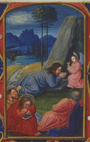 The Agony in the Garden: Christ prays in Gethsemane, to comfort him an angel appears with a chalice; three apostles sleeping; Judas accompanied by soldiers with torches and lantern