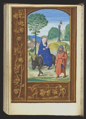 The Flight into Egypt: Mary, St. Joseph and the Christ-child on their way, the idols fall