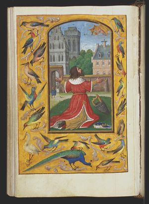 David at prayer; God Father in heaven with three arrows