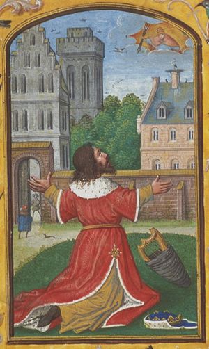 David at prayer; God Father in heaven with three arrows