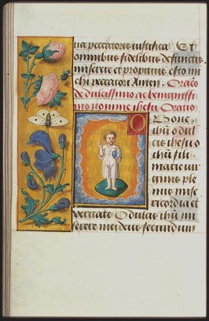 Christ-child as Salvator Mundi, making a blessing gesture with an orb in his hand, standing on a cushion