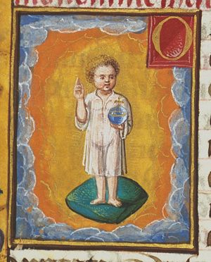 Christ-child as Salvator Mundi, making a blessing gesture with an orb in his hand, standing on a cushion