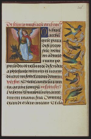 St. Michael holding a sword and a cross-staff fighting the devil
