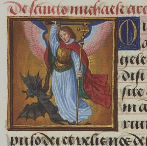 St. Michael holding a sword and a cross-staff fighting the devil