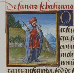 St. Sebastian holding a bow and arrows