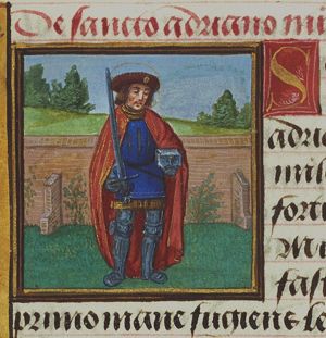St. Adrian of Nicomedia holding a sword and an anvil
