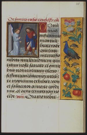 St. Roch of Montpellier holding a pilgrim's staff, showing the plague-spot inside his thigh; and an angel healing the plague-spot inside his thigh