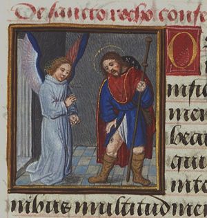 St. Roch of Montpellier holding a pilgrim's staff, showing the plague-spot inside his thigh; and an angel healing the plague-spot inside his thigh