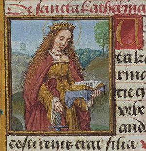St. Catherine of Alexandria holding a sword and reading a book