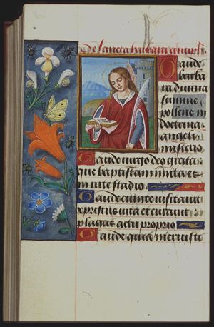 St. Barbara reading a book and holding a palm; standing before a tower