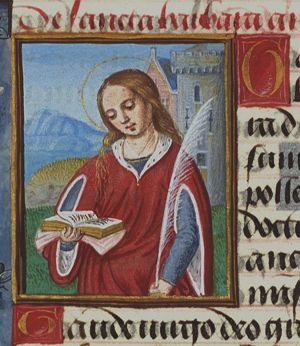 St. Barbara reading a book and holding a palm; standing before a tower