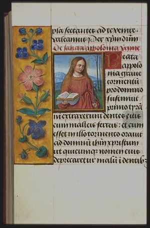 St. Apollonia of Alexandria holding a tooth in pincers and a book