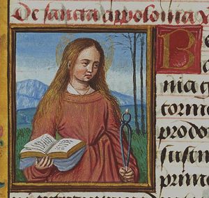 St. Apollonia of Alexandria holding a tooth in pincers and a book