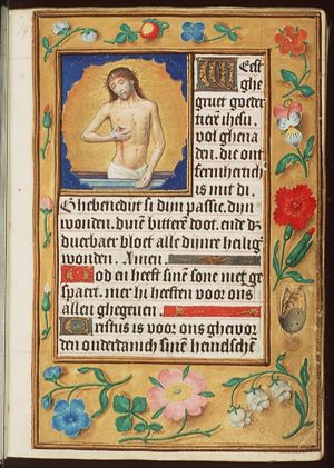 Man of Sorrows: the upright Christ showing his wounds, bearing the crown of thorns