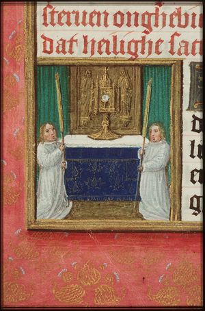 Monstrance with host on altar, attended by two acolytes