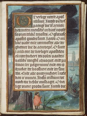 St. James the Great as pilgrim, appearing at the side of a river in which a ship is sinking; the city of Antwerp (background)