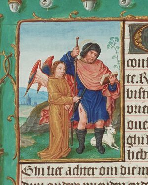 St. Roch of Montpellier holding a staff and a book; a dog with a loaf in its mouth, and an angel healing the plague-spot on his thigh