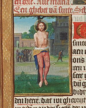 The martyrdom of St. Sebastian: tied to a tree, he is pierced by arrows