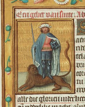 St. Adrian of Nicomedia holding a sword and an anvil, standing on a lion