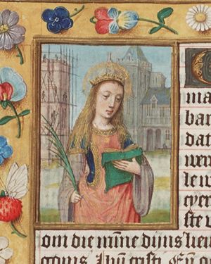 St. Barbara holding a book and a palm; the building of the tower (background)