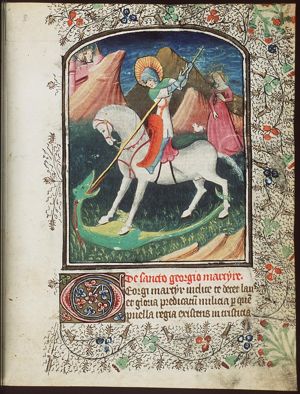 St. George on horseback fighting the dragon; the princess nearby with a dog(?); the king and queen watching the scene from the city-walls